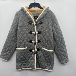 Lineatre Italy Quilted Faux Sherpa Lined Duffle Coat Women's Size M Gray Hooded‎